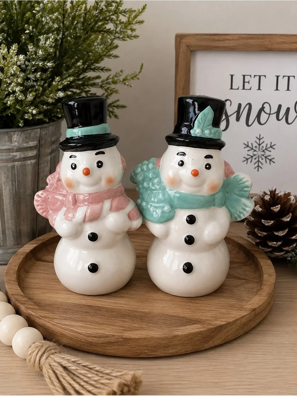 Ceramic Snowman Pair – Pink & Mint Holiday Figurines